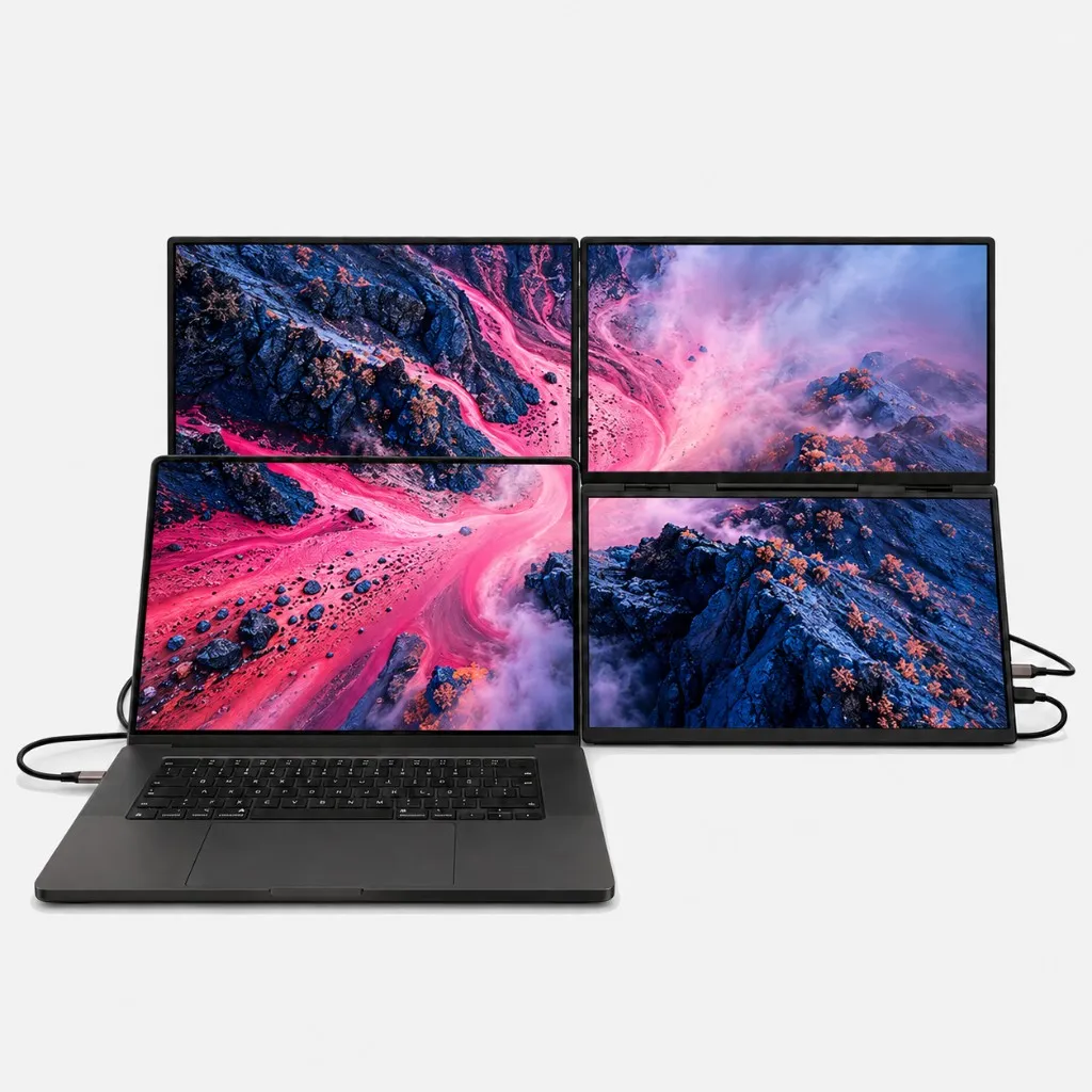 ROVE Apex 3 connected to a laptop, all three displays on, front view