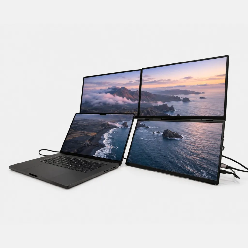 ROVE Apex 3 connected to a laptop, all three displays on, angled view
