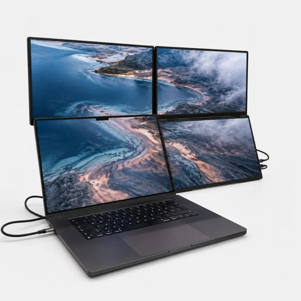 ROVE Apex 3 connected to a laptop, all three displays on, side view with cables visible