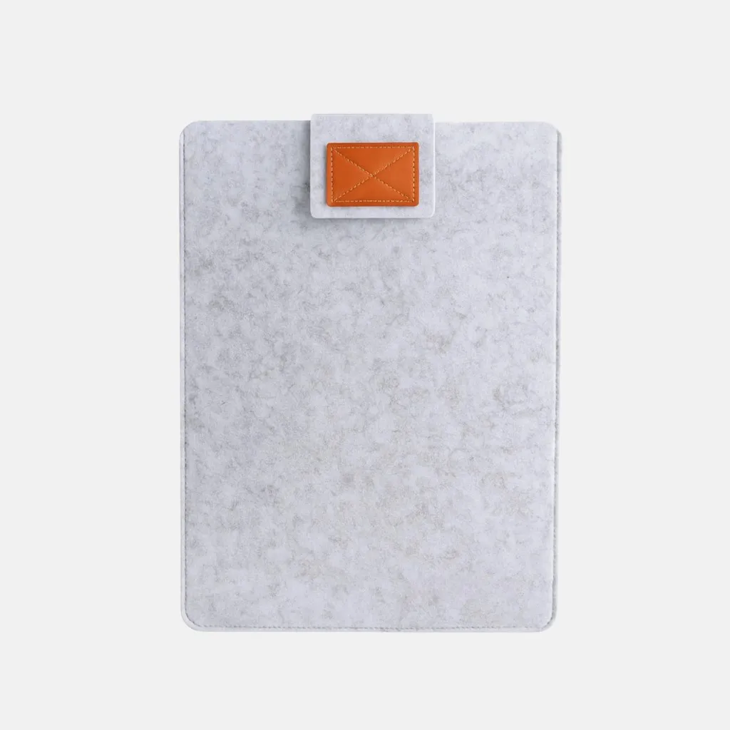 Light grey felt sleeve with a tan leather tab