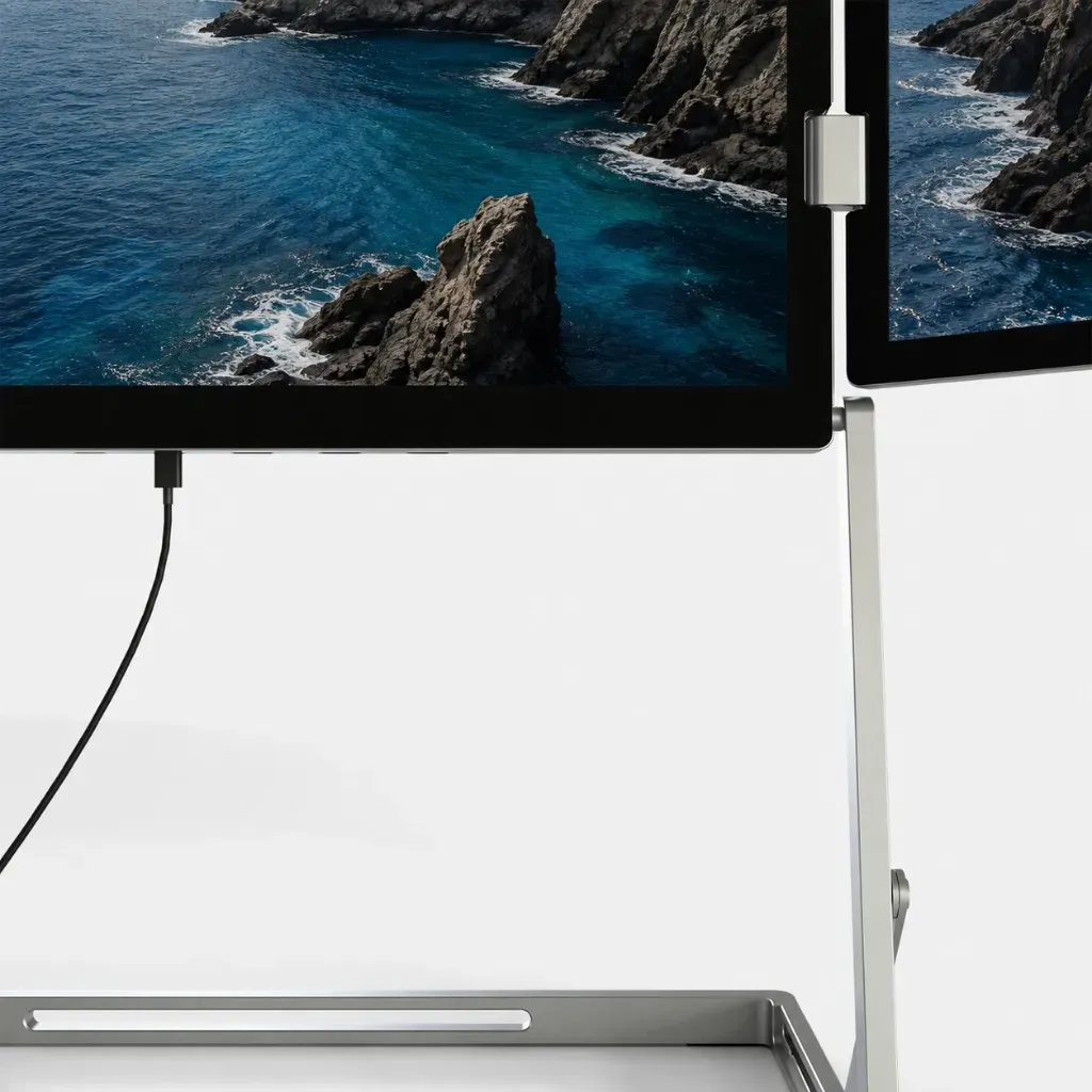 Close-up of the silver hinge connecting ROVE Horizon 3 displays